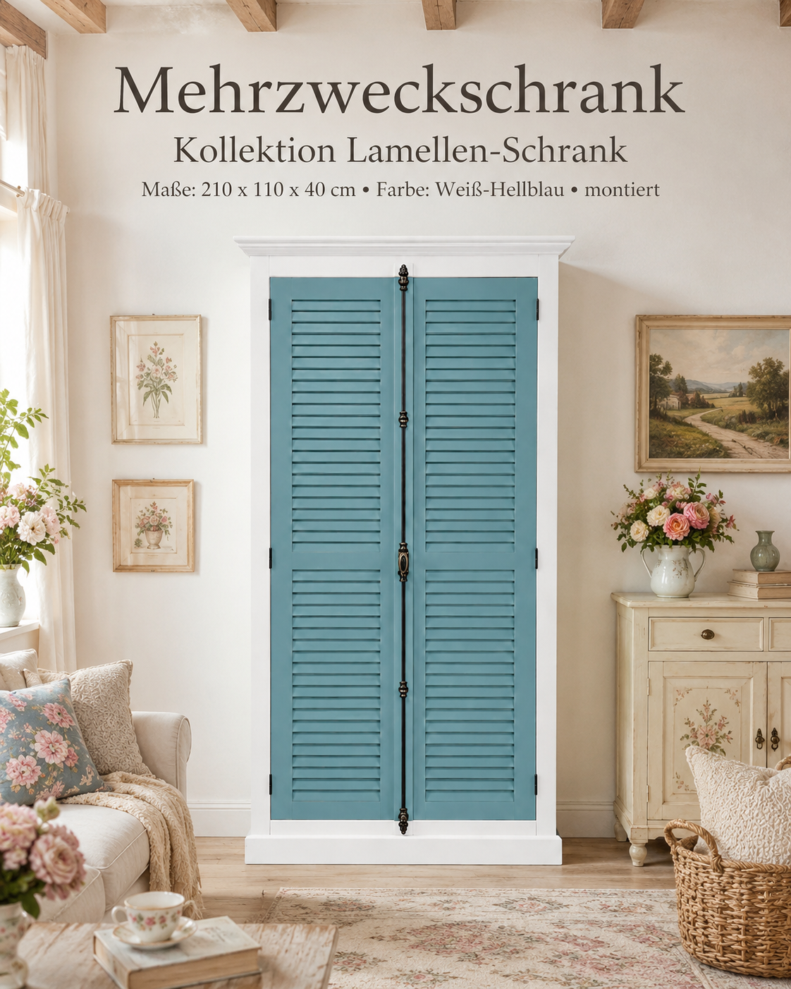 Kleiderschrank 110 cm Weiß-Blau – Massivholz Kiefer