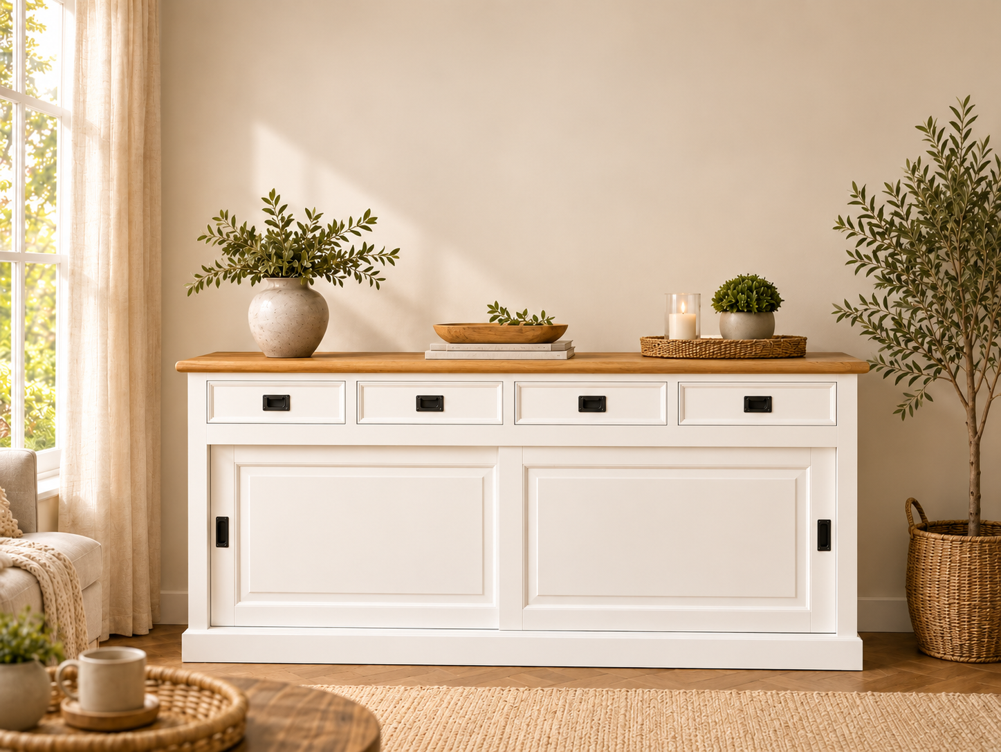 Sideboard Neuss weiss/eiche 180 cm mit Schiebetüren im Landhaus Stil