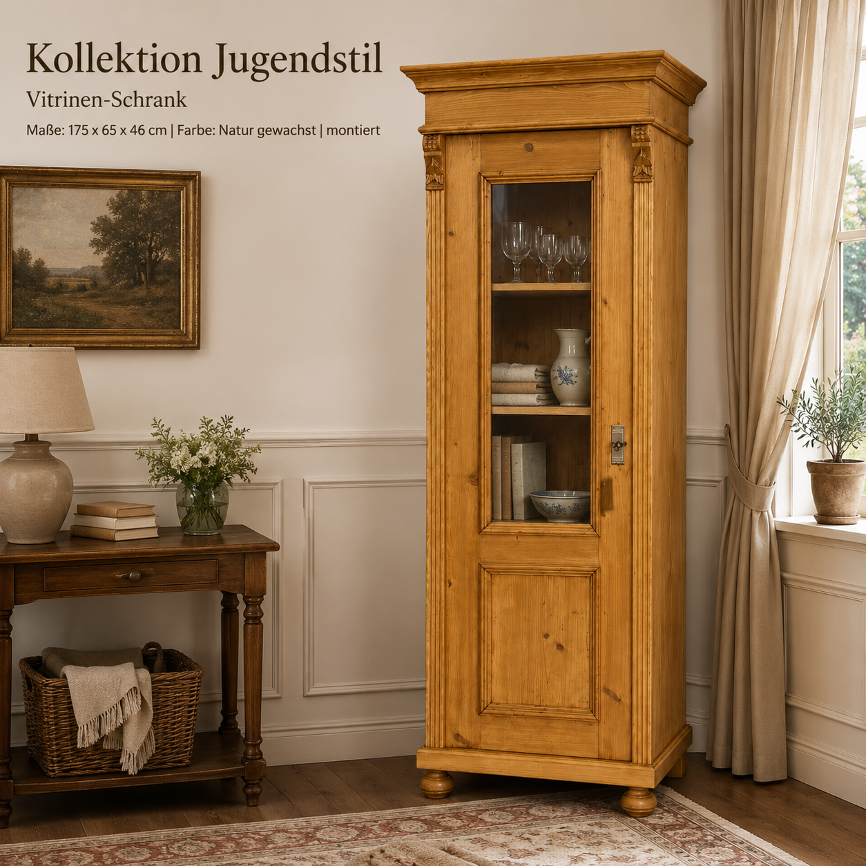 Jugendstil Vitrinen Schrank mit Glas aus Weichholz - Dielenschrank