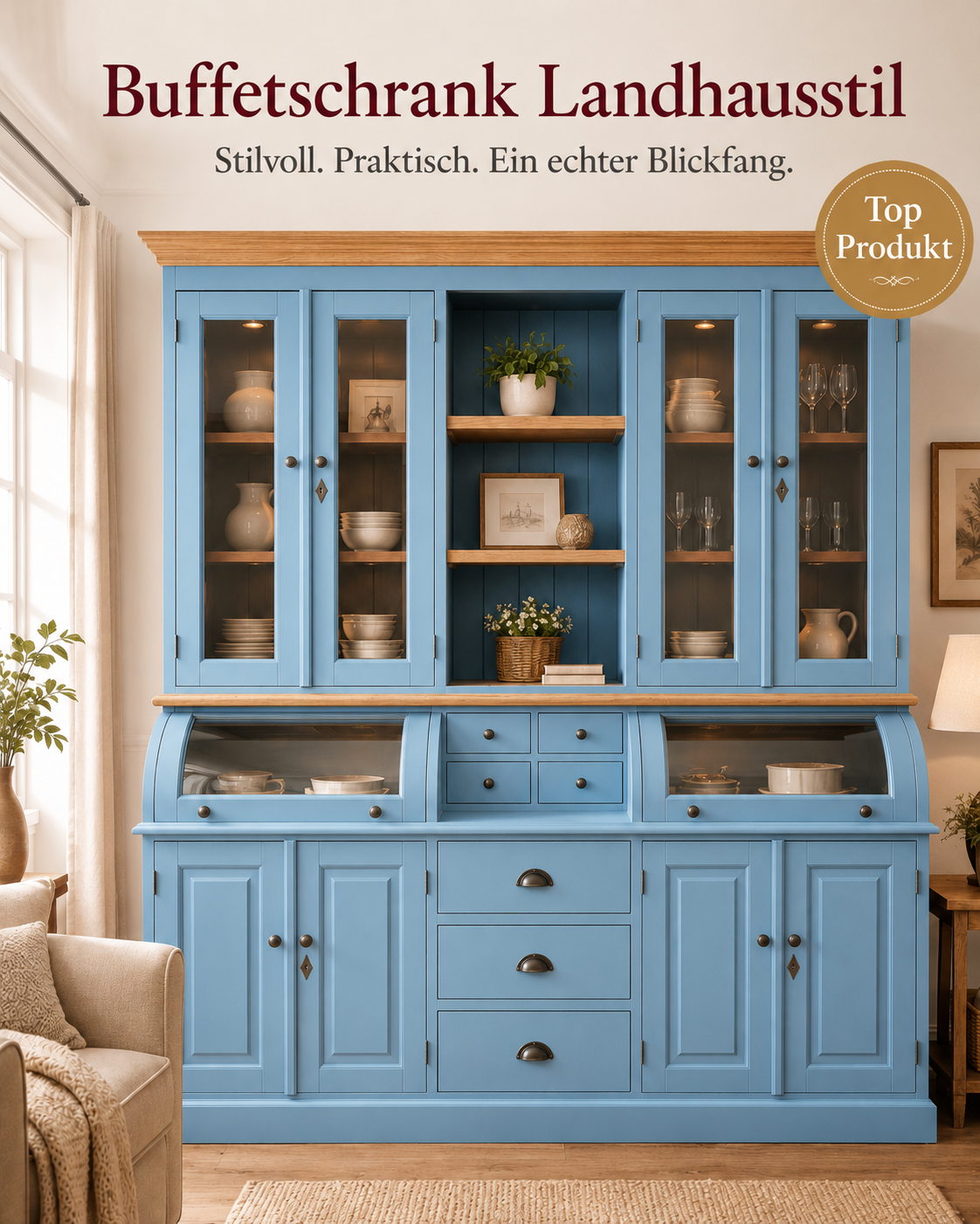 Landhaus Buffet Schrank Berlin 200 cm Lichtblau mit Eiche- Landhaus Möbel