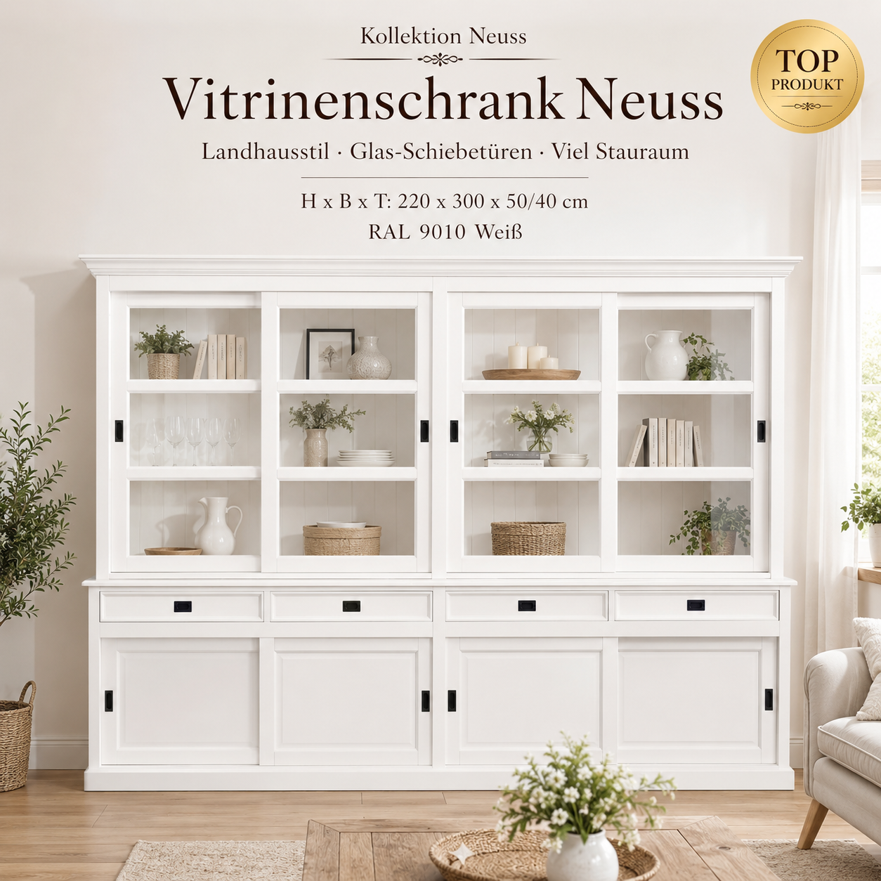 Vitrinenschrank Neuss 300 cm weiß, Vitrine