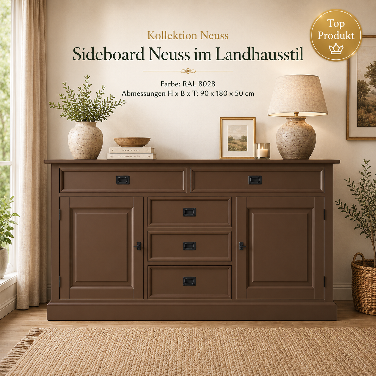 Sideboard Neuss Terrabraun 180 cm mit Schiebetüren im Landhaus Stil