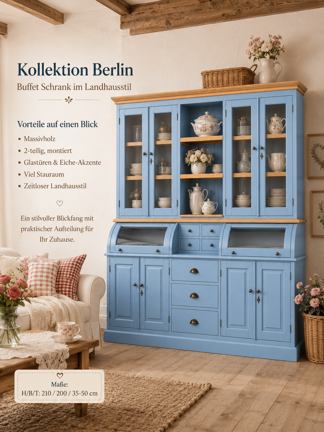 Buffet Schrank Berlin 200 cm Blau mit Eiche- Landhaus Möbel