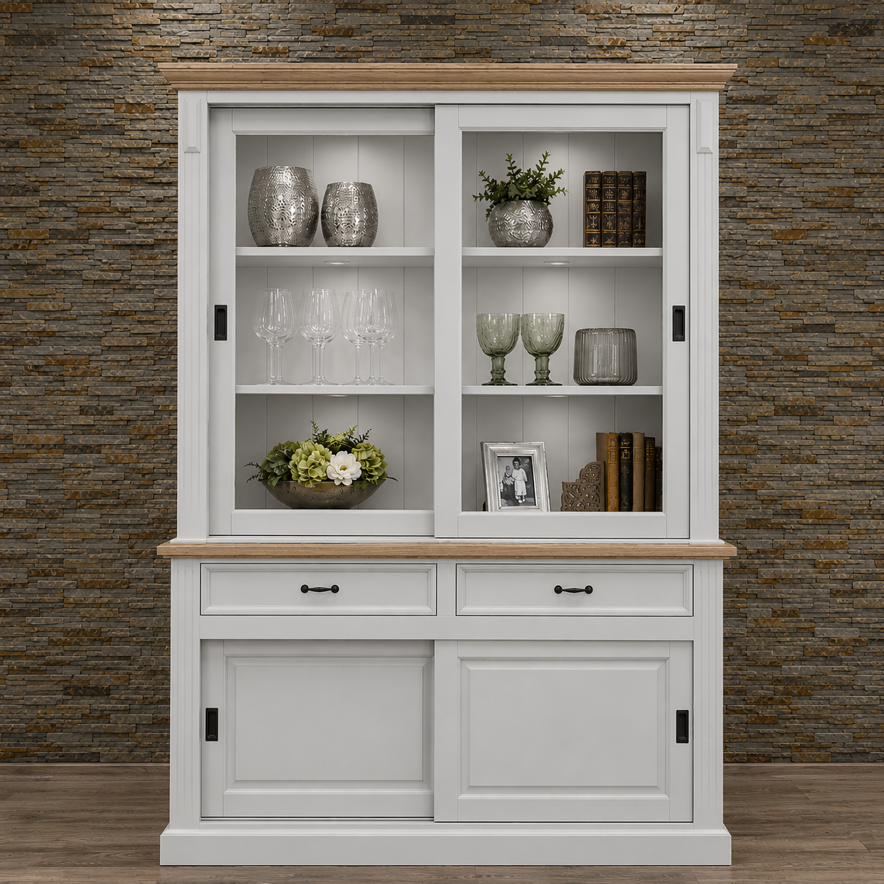 Vitrinen Schrank Vincenza im Landhausstil 150 cm - lichtgrau/eiche