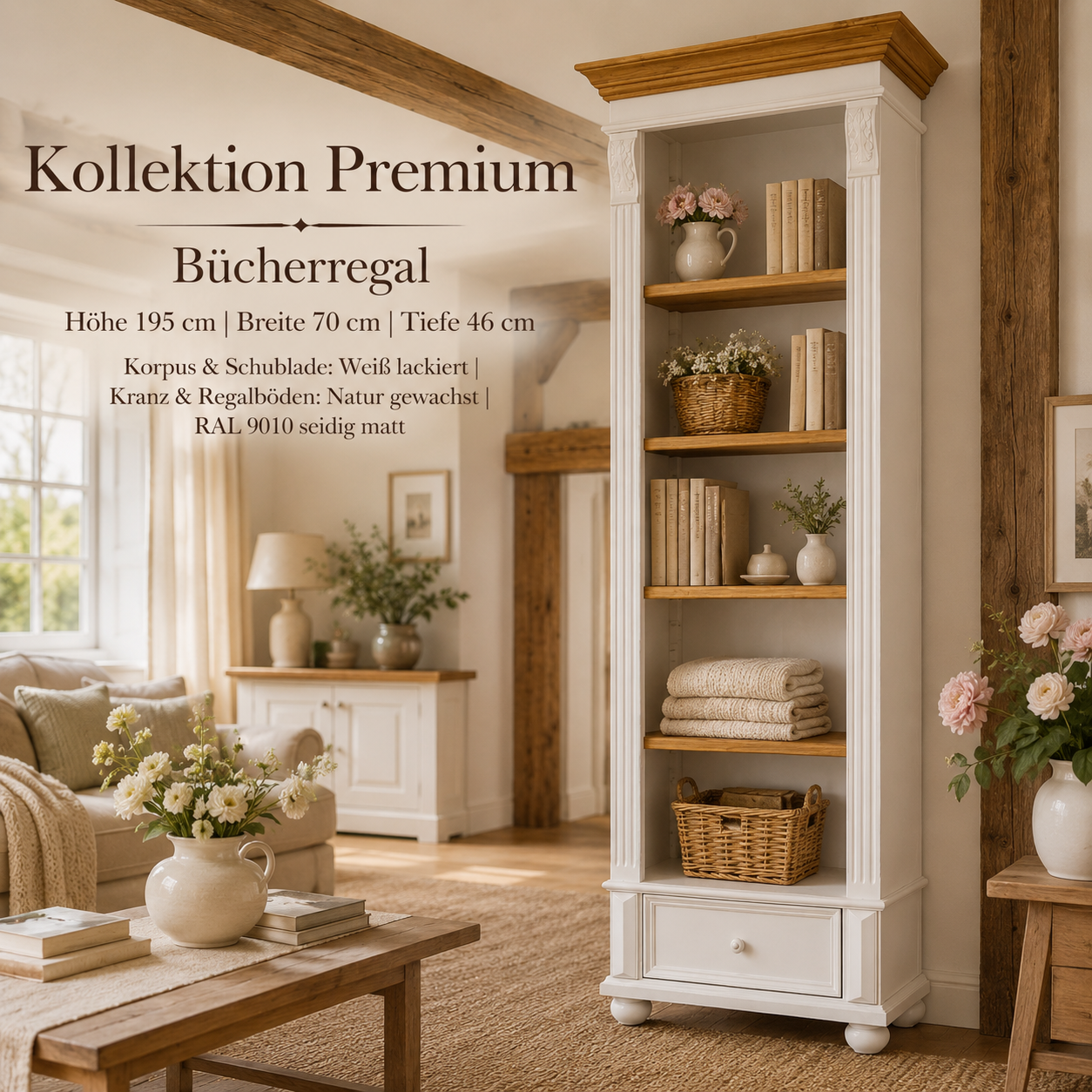 Premium Bücherregal Massivholz – Weiß mit gewachstem Kranz & Regalböden