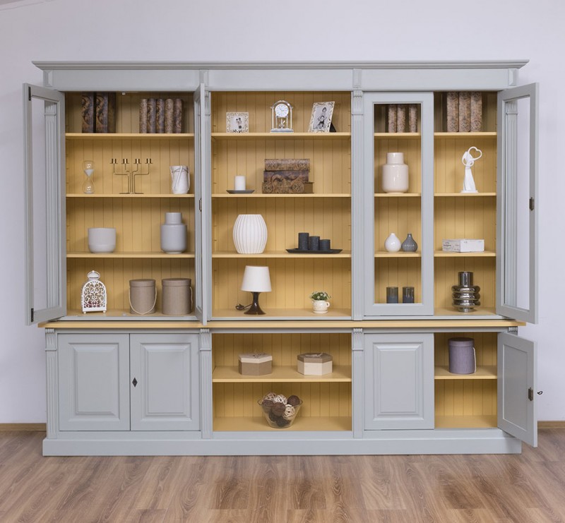 Französischer Landhausstil - Bücherregal mit 4 Türen, offenen Fächern und Glastüren
