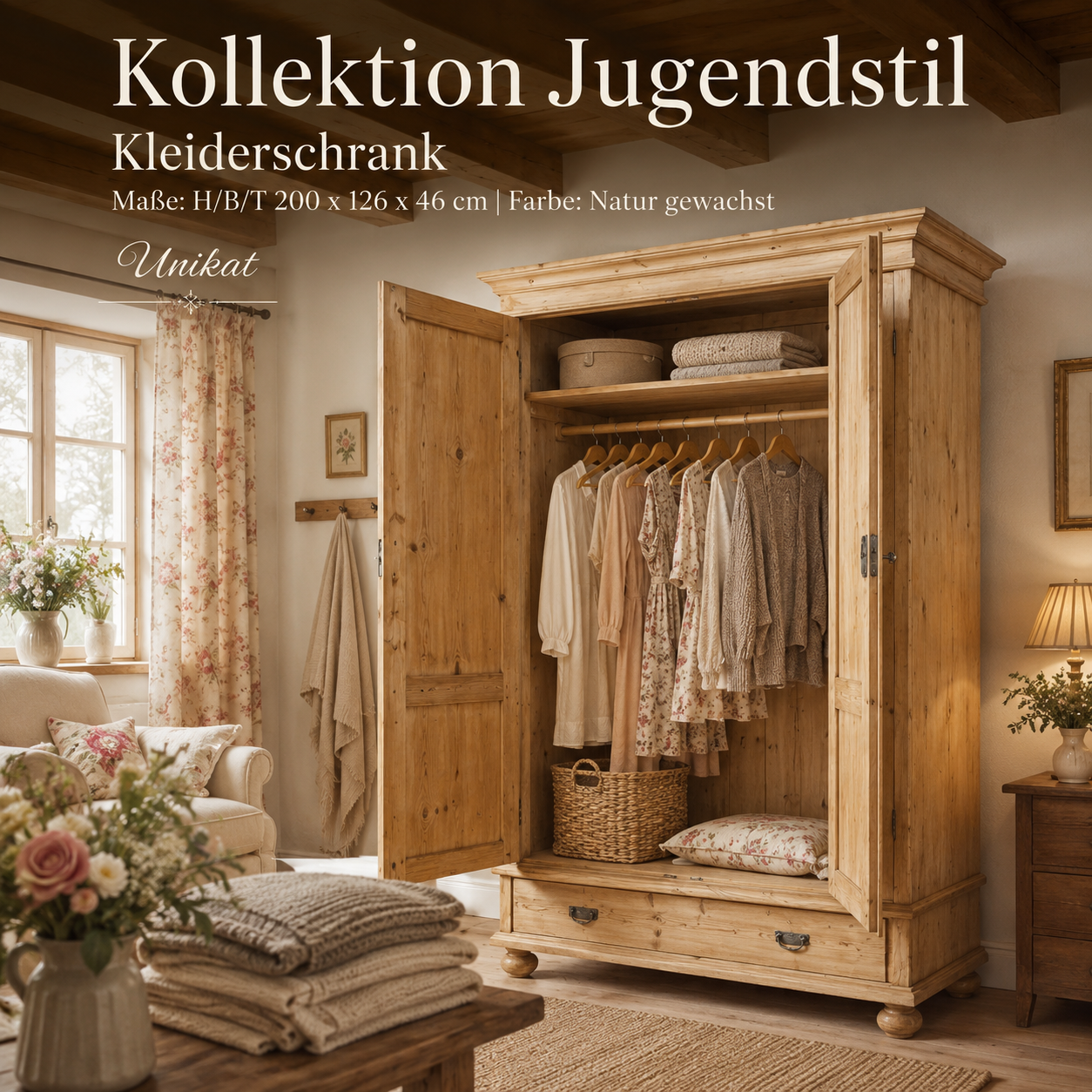 Jugendstil Kleiderschrank antik – aufgearbeitet mit Kleiderstange & Schublade