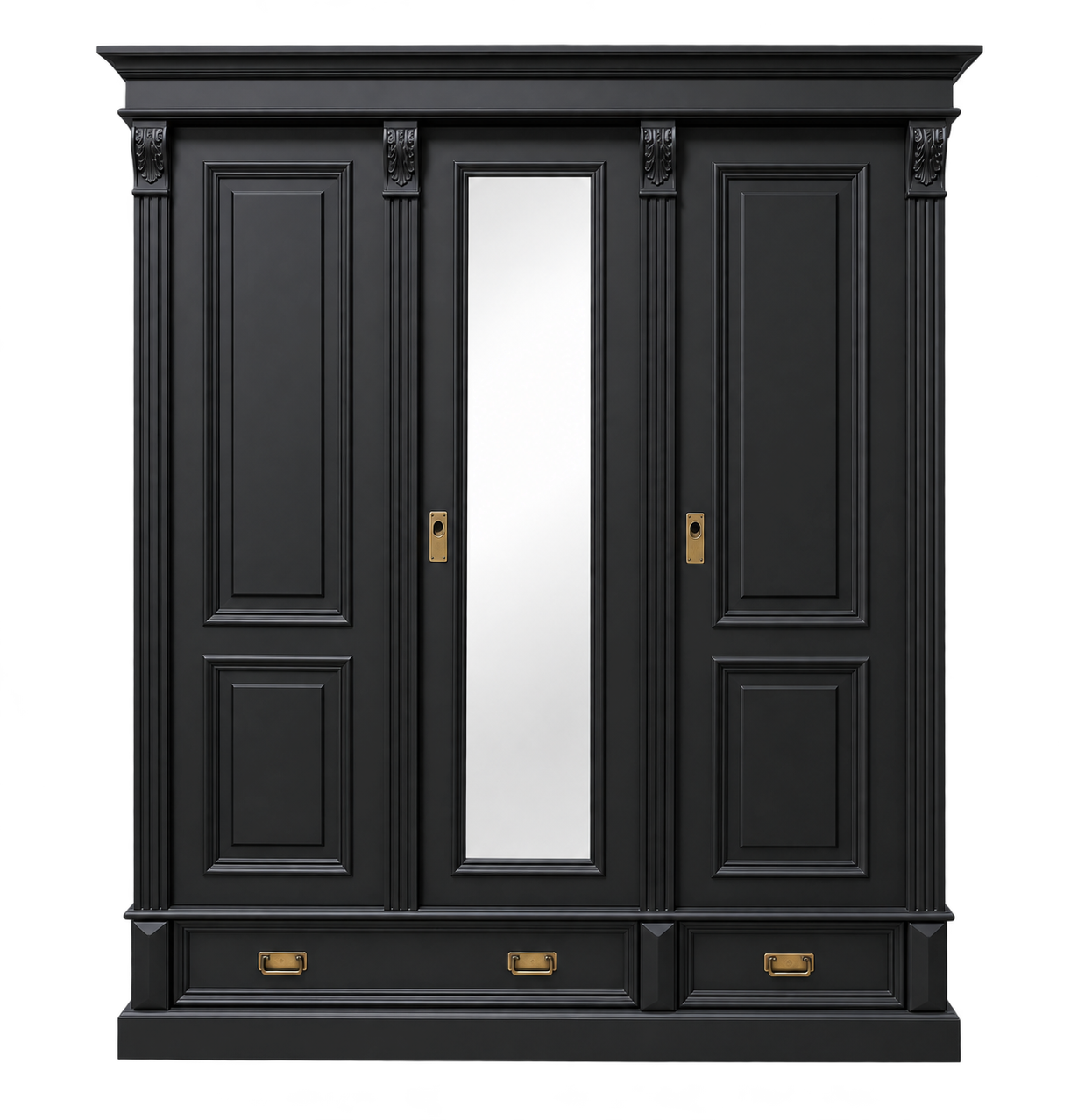 Premium 3-türiger Kleiderschrank schwarz – Weichholz, Landhausstil, mit Spiegel & 3 Schubladen