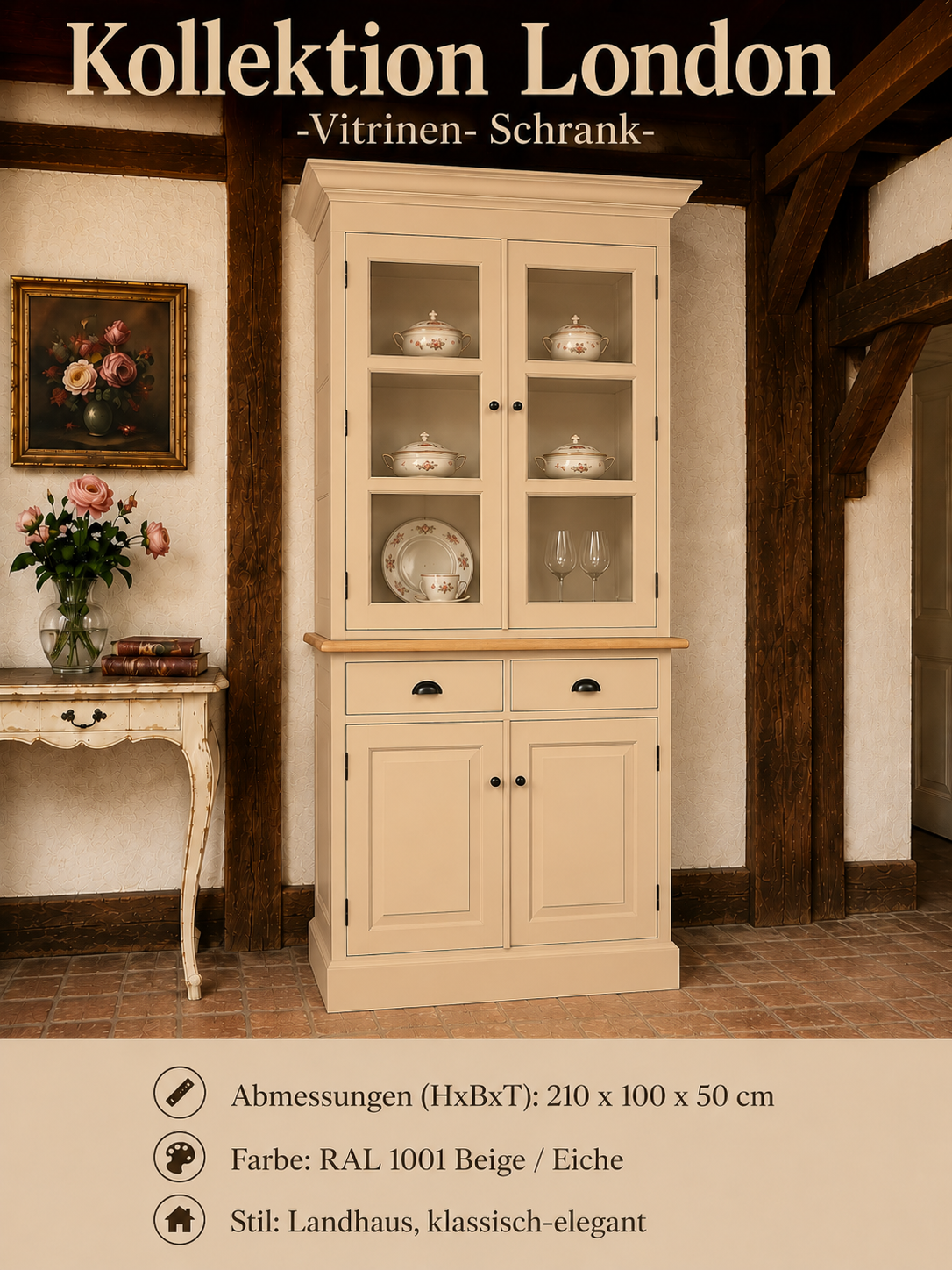 Vitrinenschrank London Beige RAL1001 mit Eichenplatte – Landhausstil, 100 cm breit