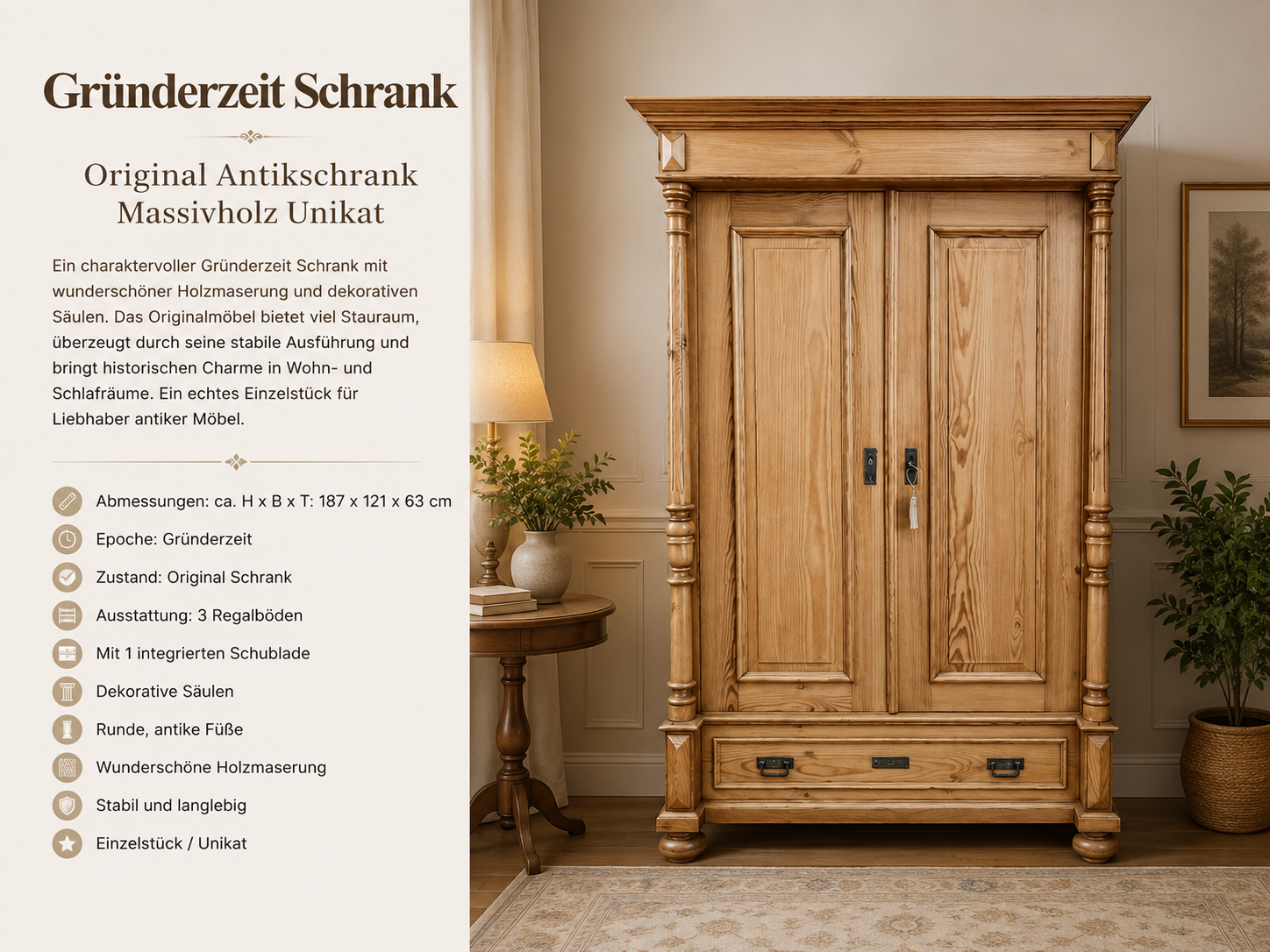 Gründerzeit Dielenschrank mit Säulen – Antikschrank mit Schublade