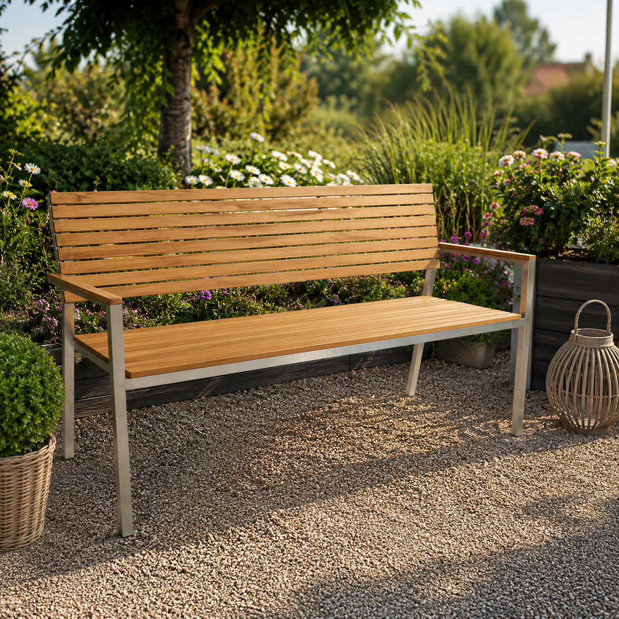 Gartenbank 3-Sitz Teak FSC, geölt, Edelstahl, gebürstet Outdoor-Möbel