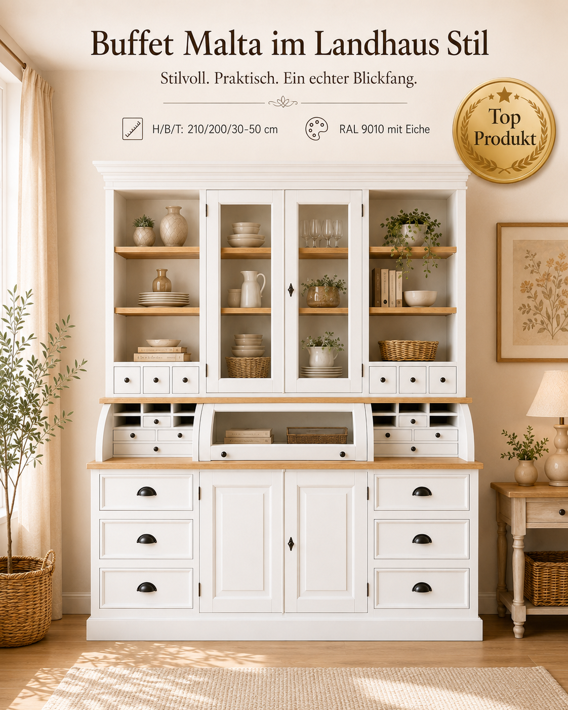 Landhaus Buffet Schrank Malta Ladenschrank weiss mit Eiche 200 cm