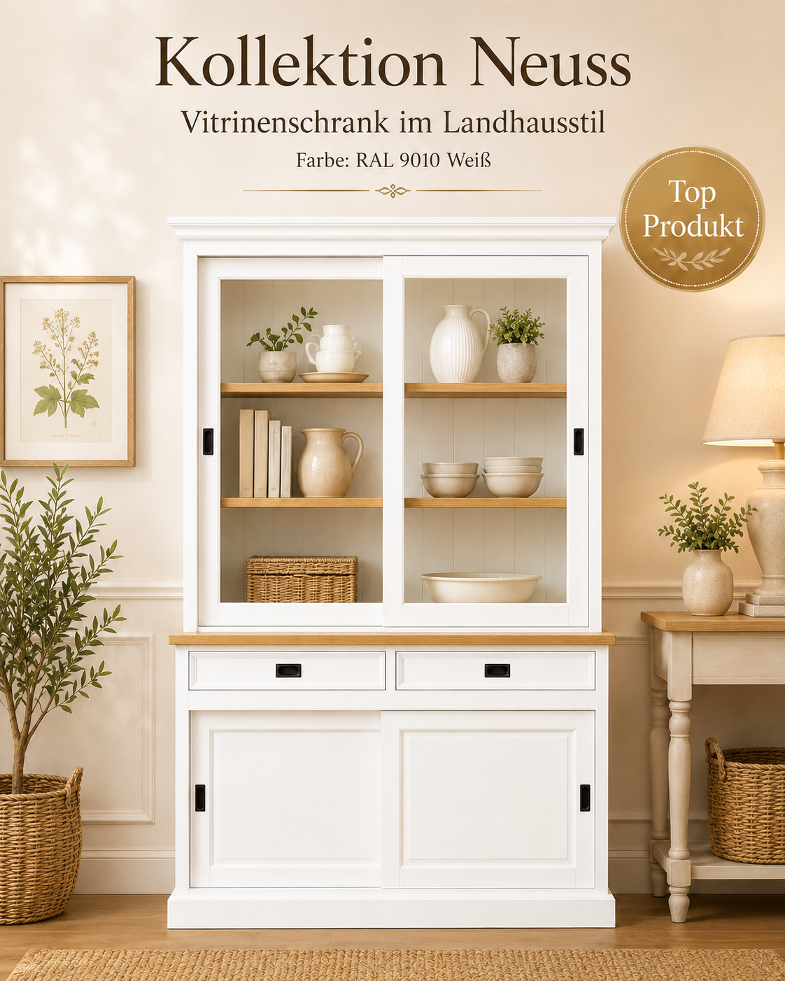Vitrinen Schrank Neuss 150cm weiß/eiche - Buffet Schrank mit Schiebetüren