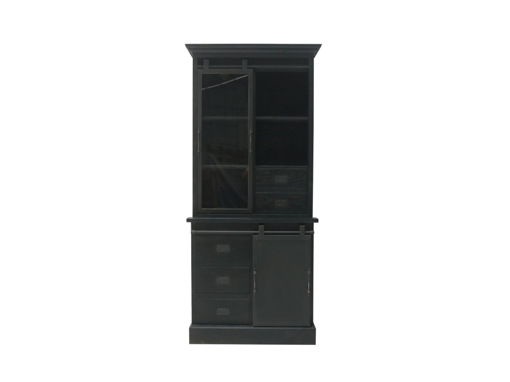 Vitrinen Schrank Roda Teakholz Schwarz Massiv  - Buffet Schrank Teak mit Eisen