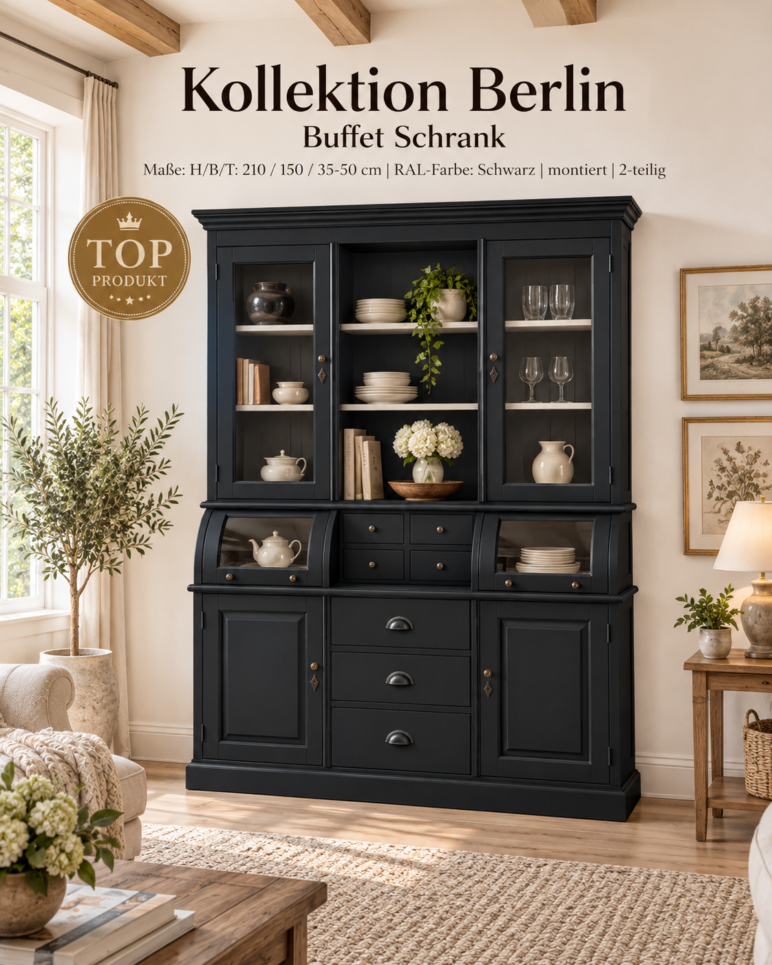 Buffet Schrank Berlin 150 cm schwarz, Landhaus Buffetschrank
