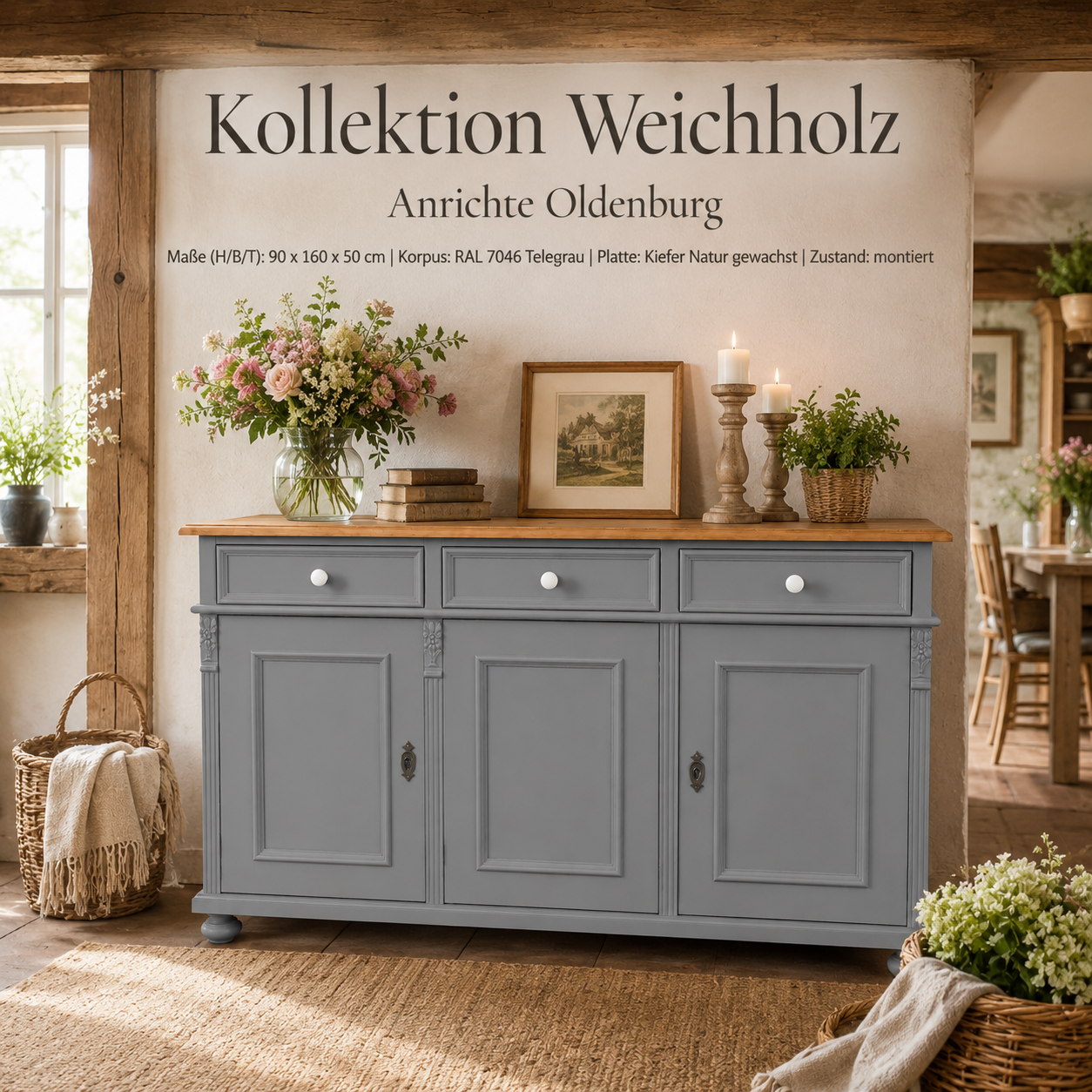 Landhaus Anrichte Oldenburg Weichholz 160 cm Sideboard Kommode Telegrau 2