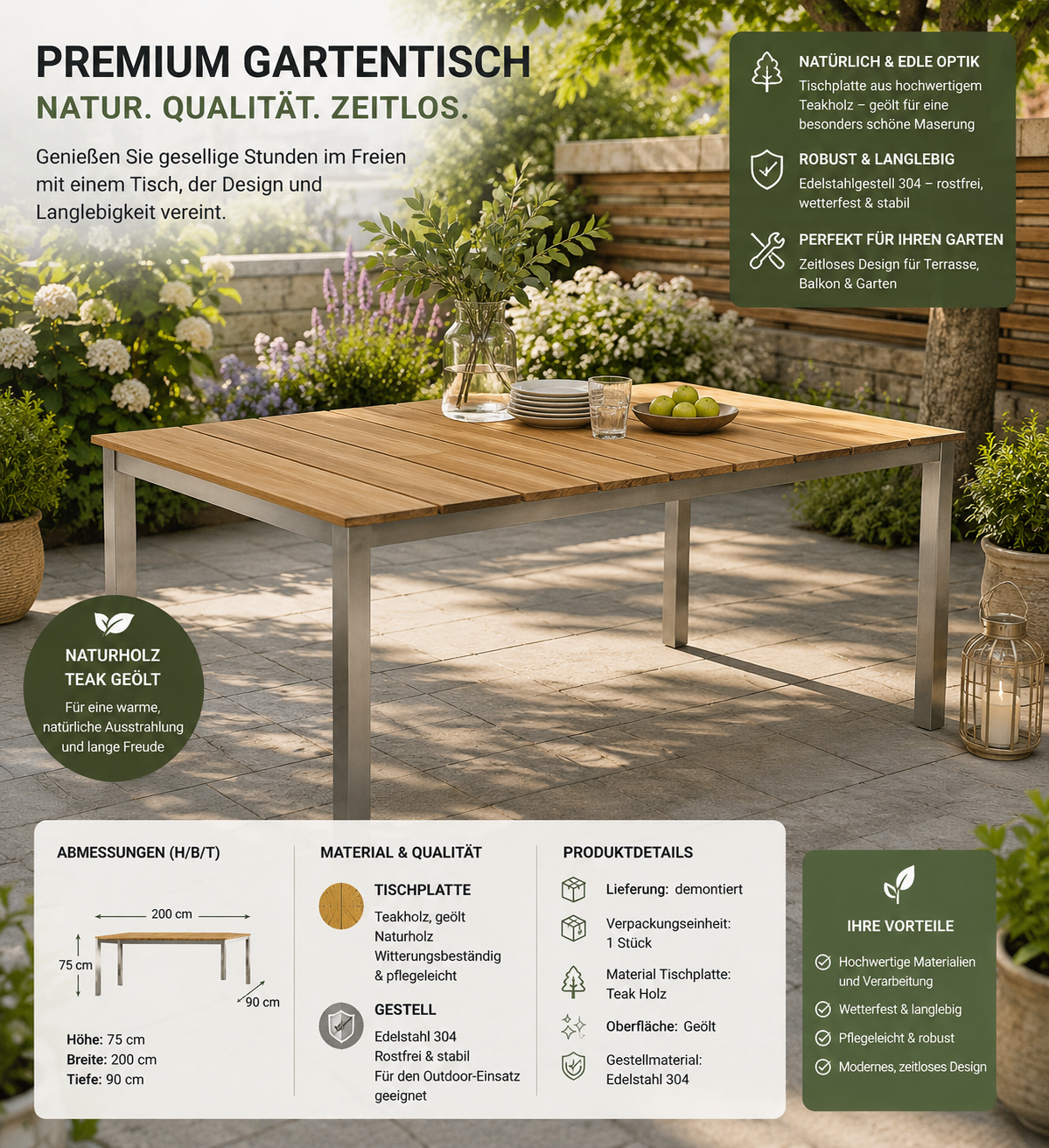 Gartentisch  200 cm Teak FSC, geölt, Edelstahl, Garten, Balkon, Terrasse
