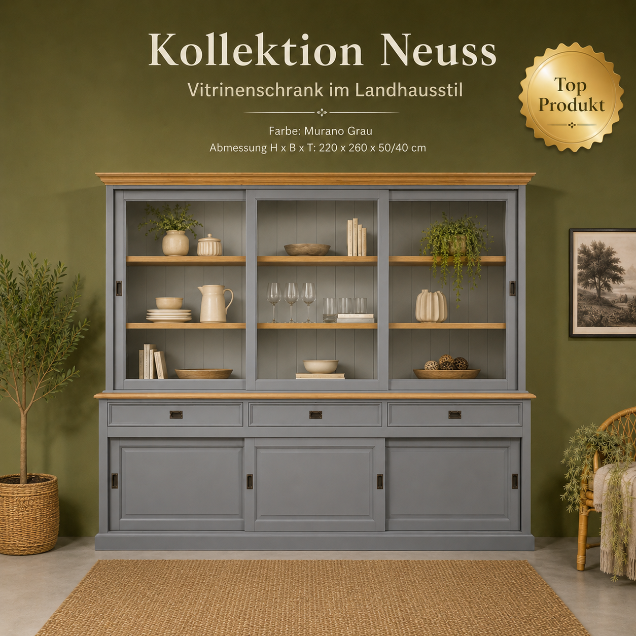 Vitrinen Schrank Neuss Murano Grau/Eiche 260 cm - Glasvitrine Wohnzimmer Vitrine