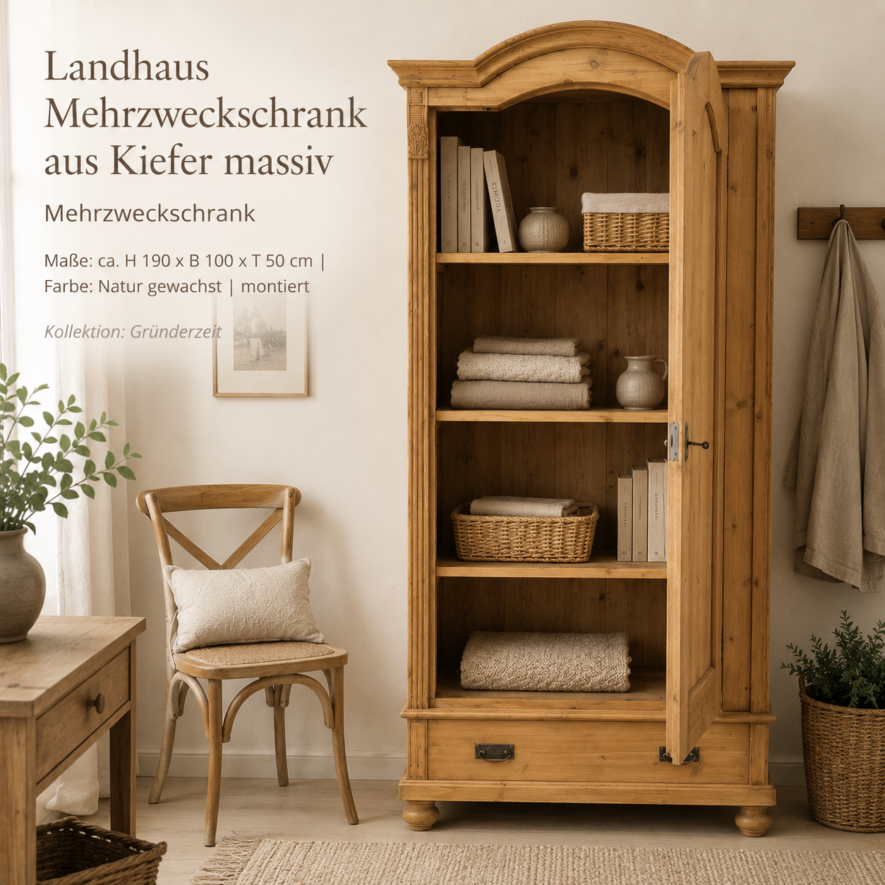 Landhaus Mehrzweckschrank aus Kiefer massiv – Natur gewachst – Massivholz Dielenschrank mit verstellbaren Einlegeböden