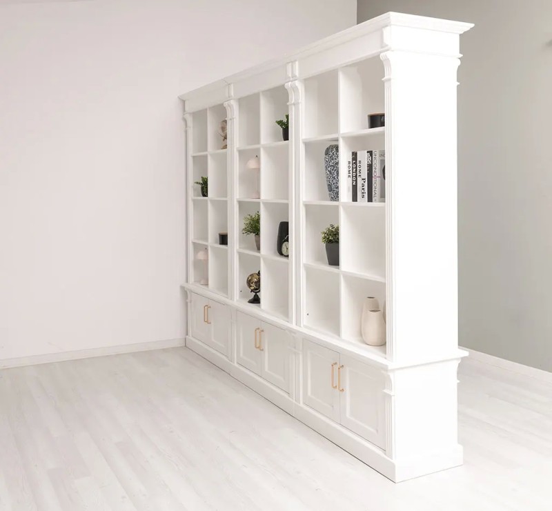 Raumteiler Bücherregal Weiß aus Kiefernholz – 260 cm Breit mit 12 Türen