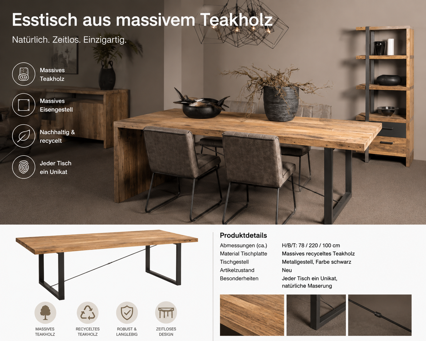 Lucca Esstisch aus Teakholz Metall/Holz Gestell 220 cm