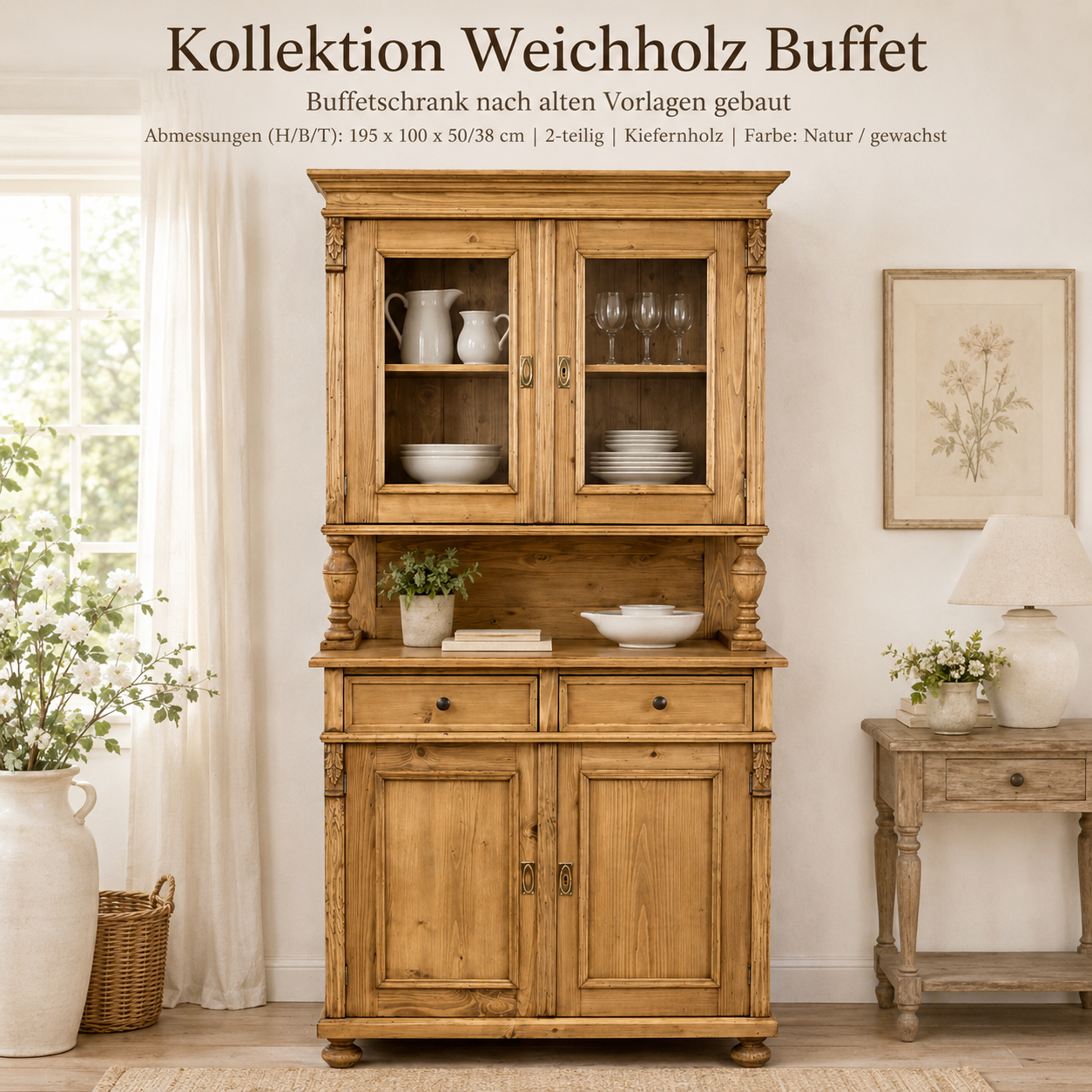 Landhaus Küchen Schrank 100 cm Buffetschrank Massivholz
