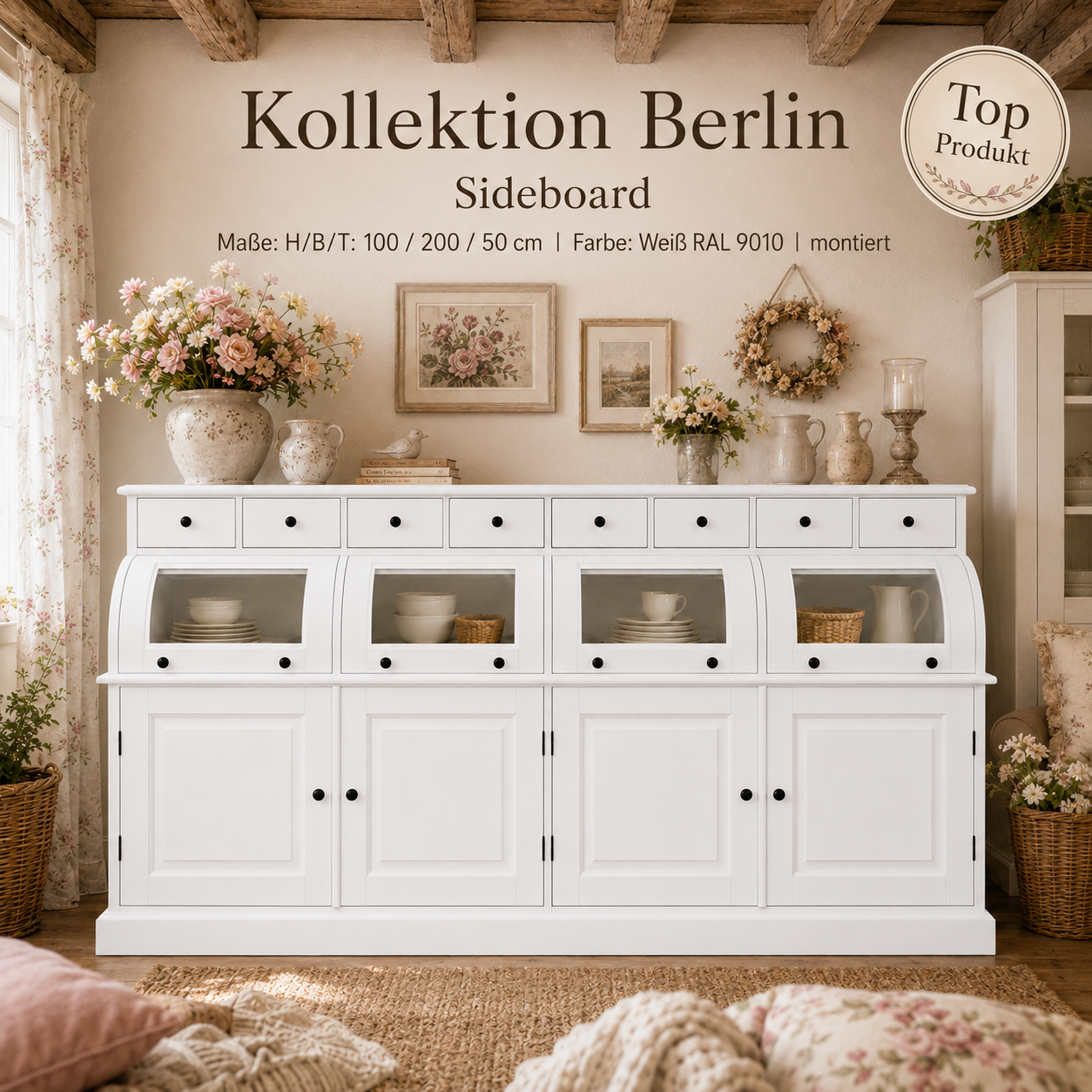 Sideboard Berlin 200 cm weiß mit Glaselementen Landhaus-Stil