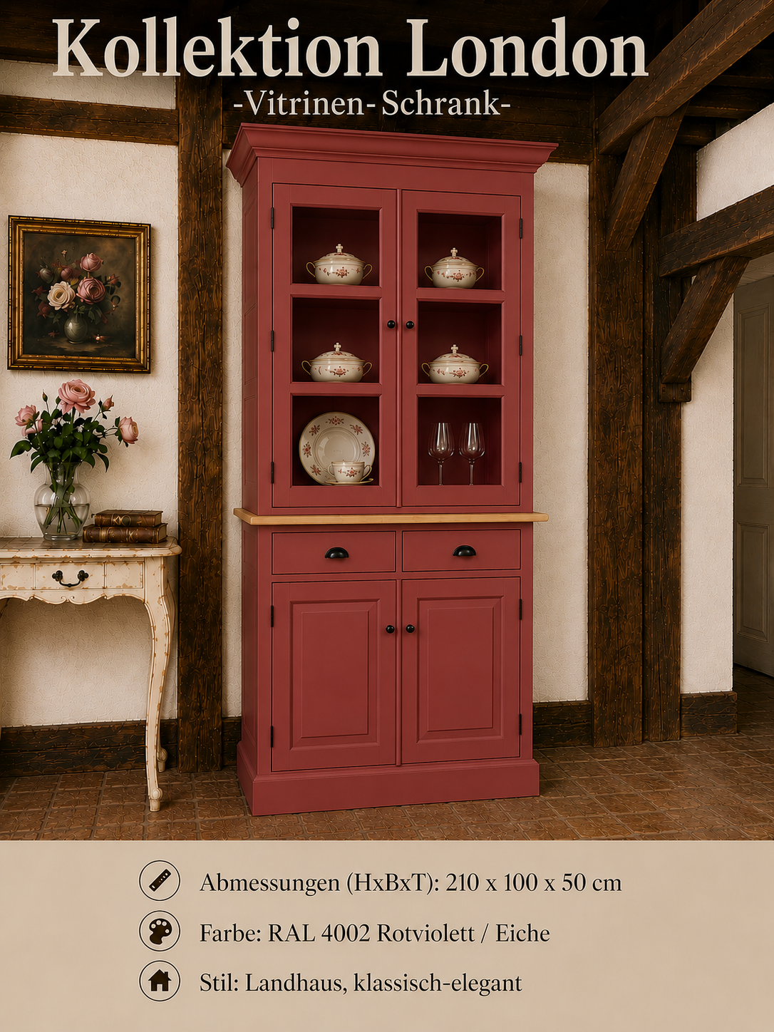 Vitrinen Schrank London Rotviolett RAL 4002  mit Eichenplatte – Landhausstil, 100 cm breit