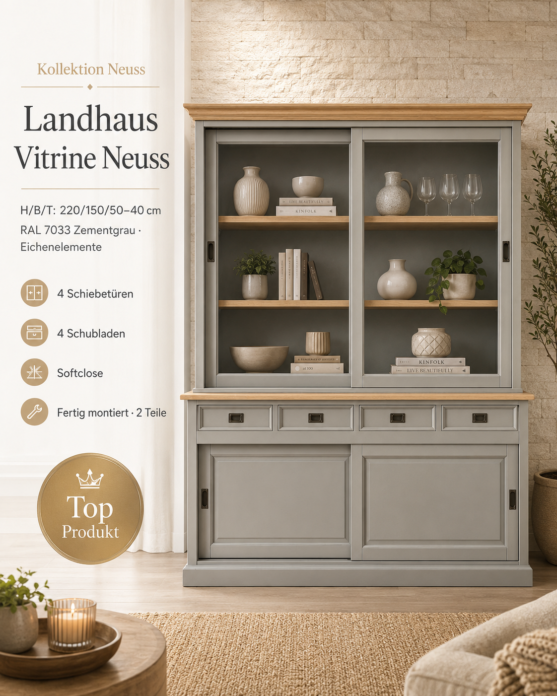 Vitrinen Schrank Neuss zementgraueiche ab 120 cm - Buffetschrank Größen & Varianten wählbar