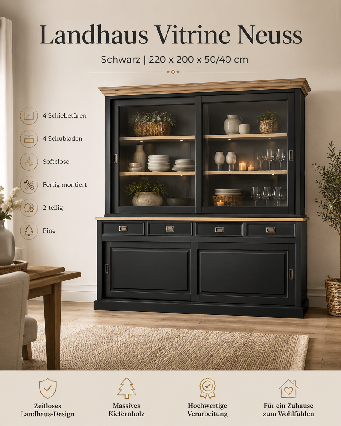 Vitrinen Schrank Neuss 200 cm schwarz/eiche
