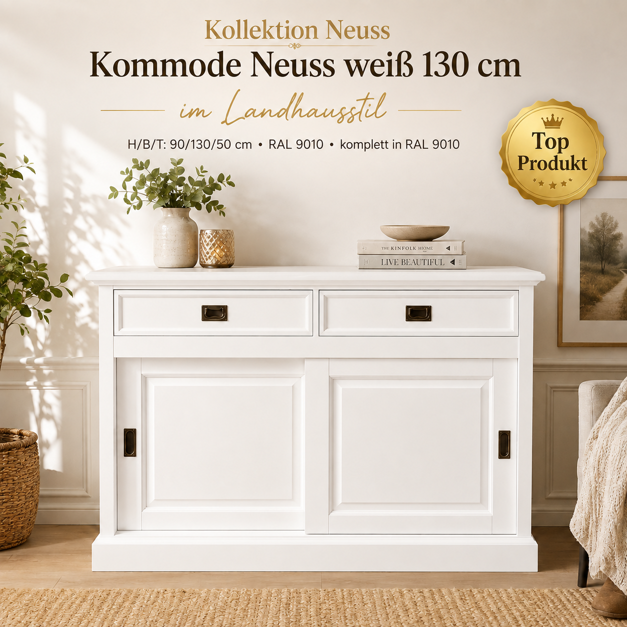 Sideboard Neuss 130 cm weiß - Anrichte Landhaus Kommode mit Schiebetüren