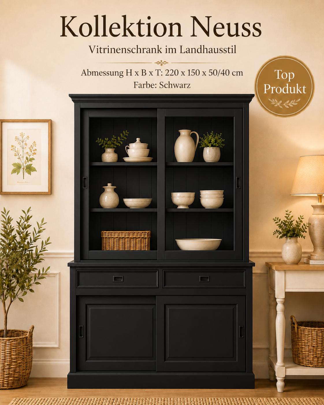 Landhaus Vitrinenschrank Neuss 150 cm Schwarz Buffetschrank