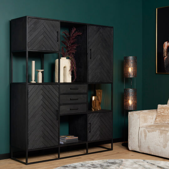 Regal Schrank Supreme XXL „New York“ – Mango Holz Schwarz, Fischgrätenmuster, 160x45x200 cm