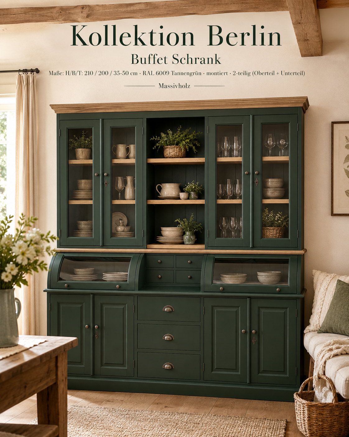 Buffet Schrank Berlin 200 cm Tannengrün/eiche - Landhaus Schrank