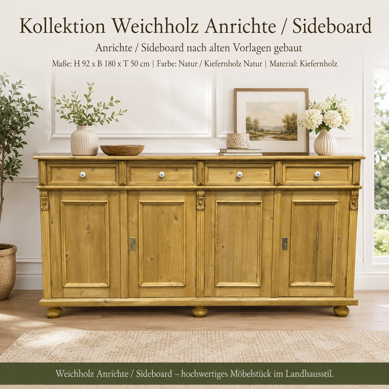 Landhaus Sideboard 180 cm - Gründerzeit Anrichte Weichholz