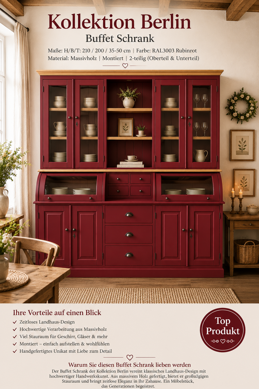 Buffet Schrank Berlin 200 cm Rubinrot mit Eiche- Landhaus Möbel