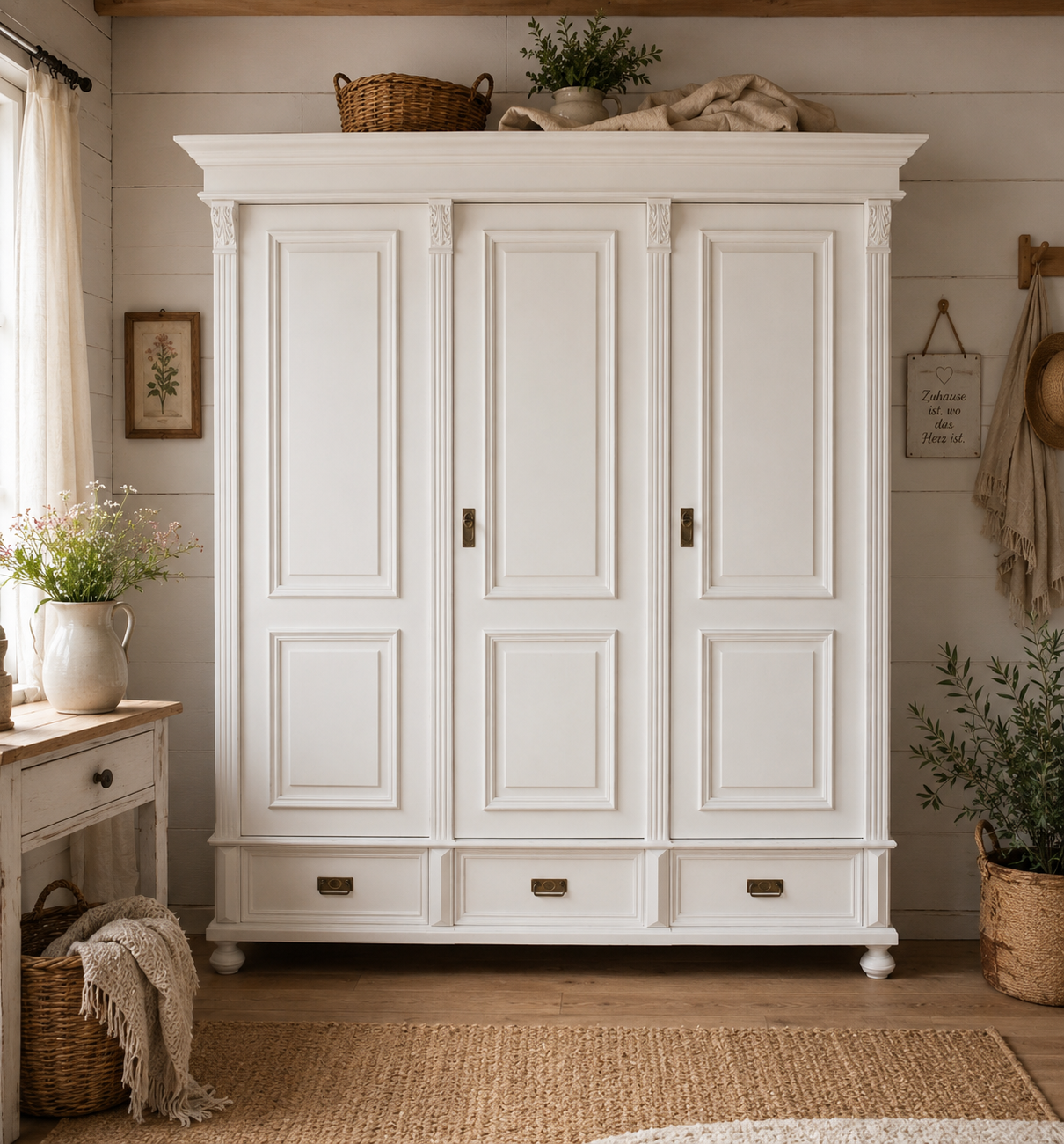 Premium Massivholz Kleiderschrank Landhausstil – 200 cm – Weiß – Zerlegbar