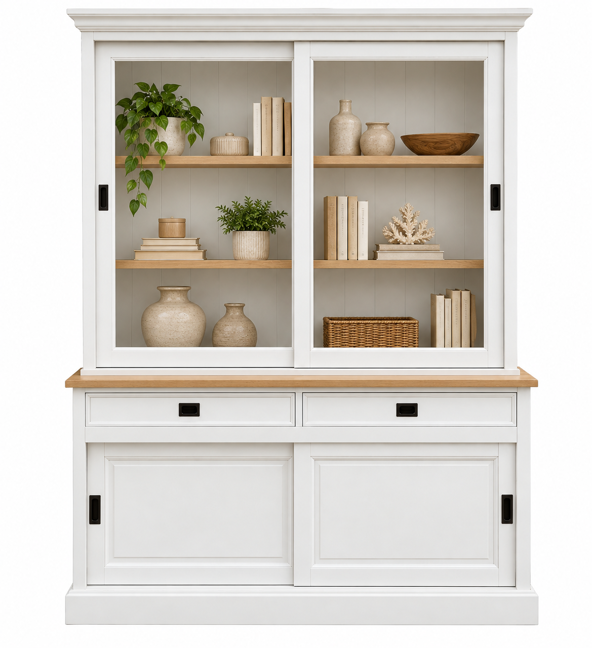 Vitrinenschrank Neuss 180 cm weiß mit Eiche – Landhaus Schrank