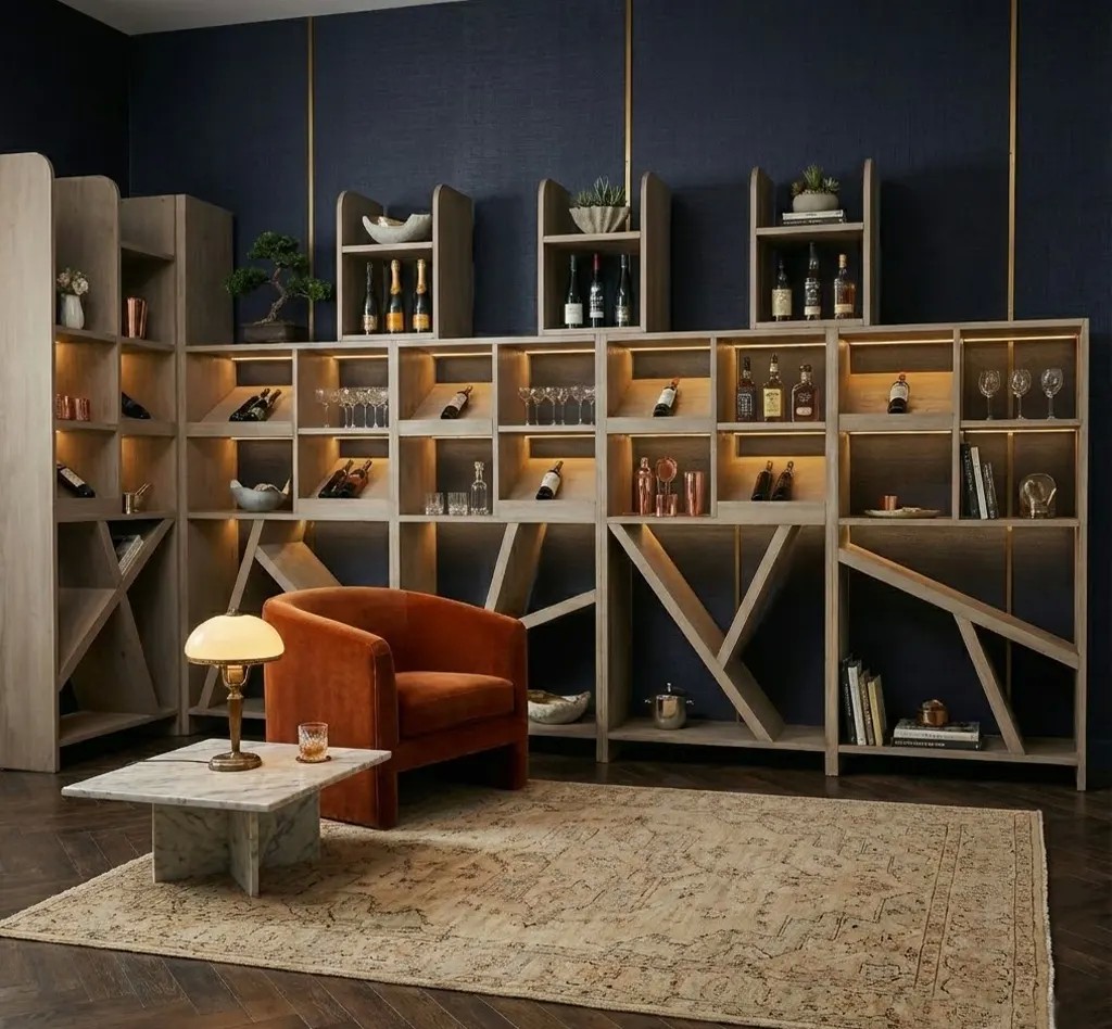 Exklusives modernes Weinregalsystem aus massiver Eiche – 495 cm