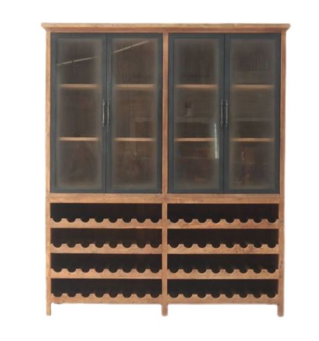Weinvitrine Roda Teakholz Massiv Weinregal Barschrank Schrank Regal Wein 180 cm mit Glastüren