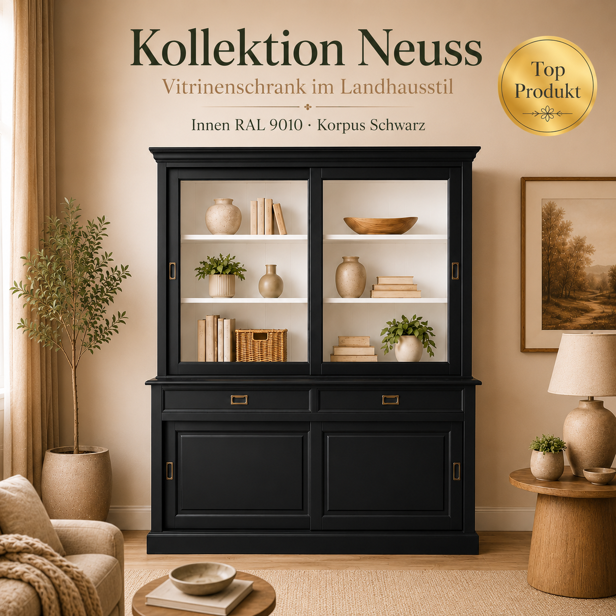 Landhaus Vitrinenschrank Neuss 220 cm Schwarz -Weiß Buffetschrank