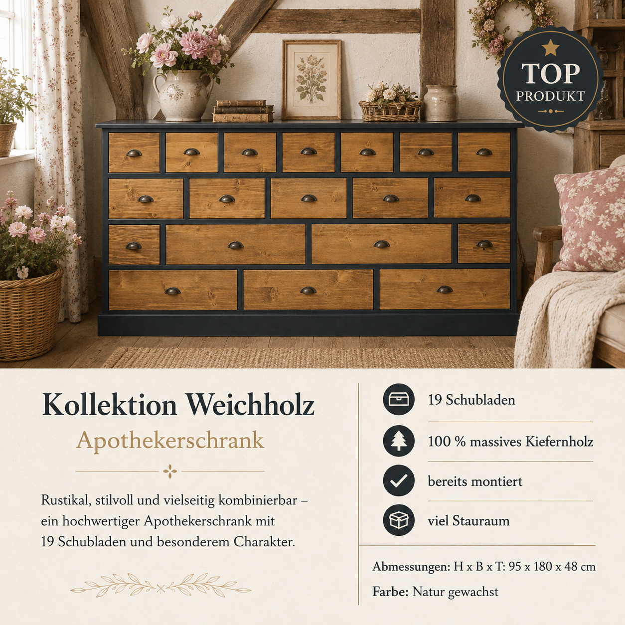 Apothekerschrank 180 cm breit, 19 Schubladen Kommode Landhaus