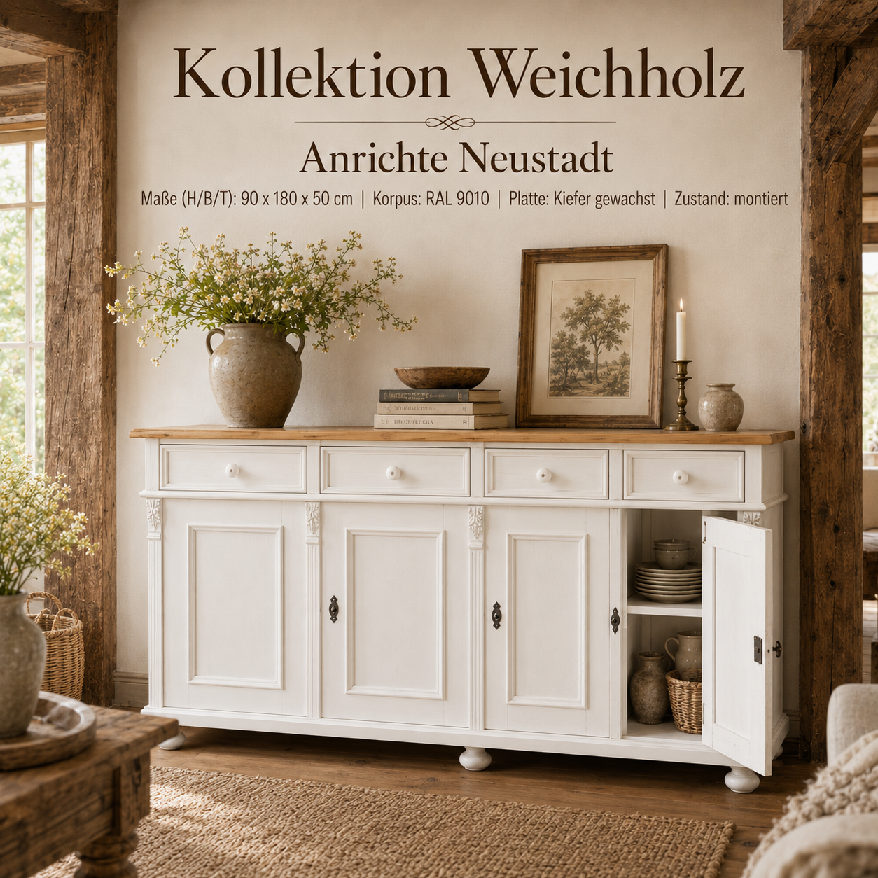 Landhaus Anrichte Neustadt aus Weichholz 180 cm Sideboard weiß