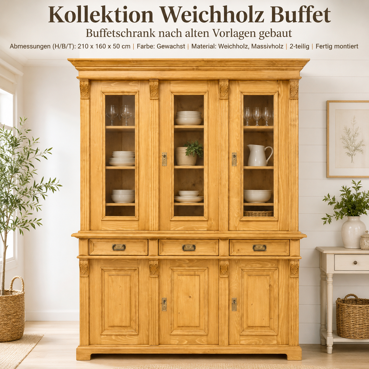Premium Buffetschrank Massivholz – Landhausstil, gewachst, 2-teilig, Handarbeit