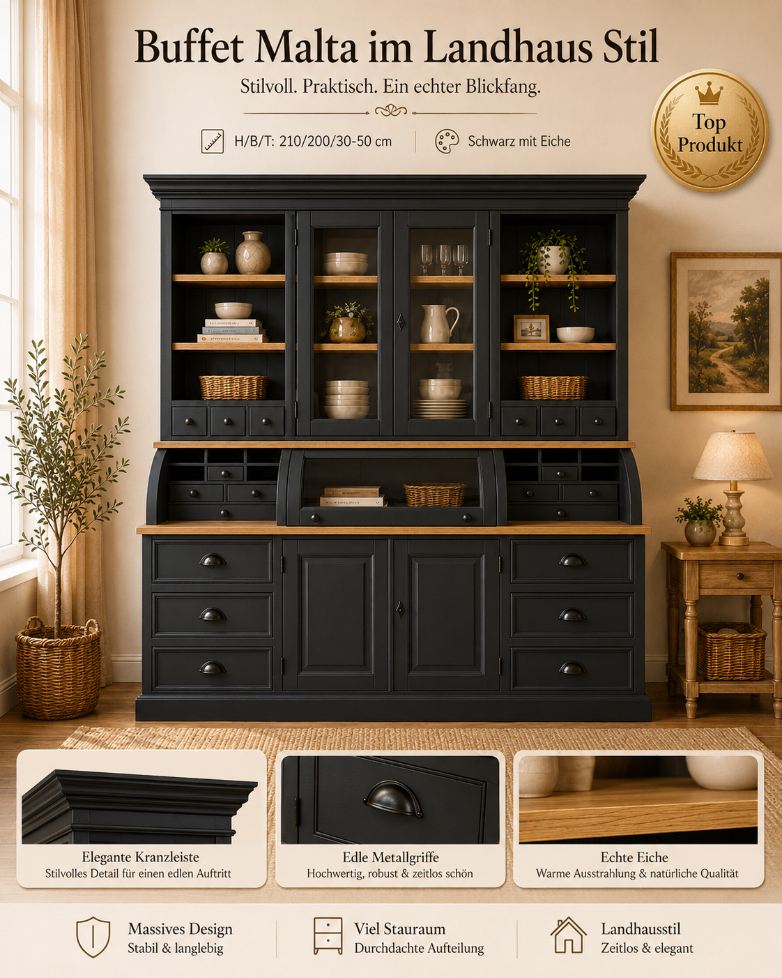 Landhaus Buffet Schrank Malta Ladenschrank schwarz mit Eiche 200 cm