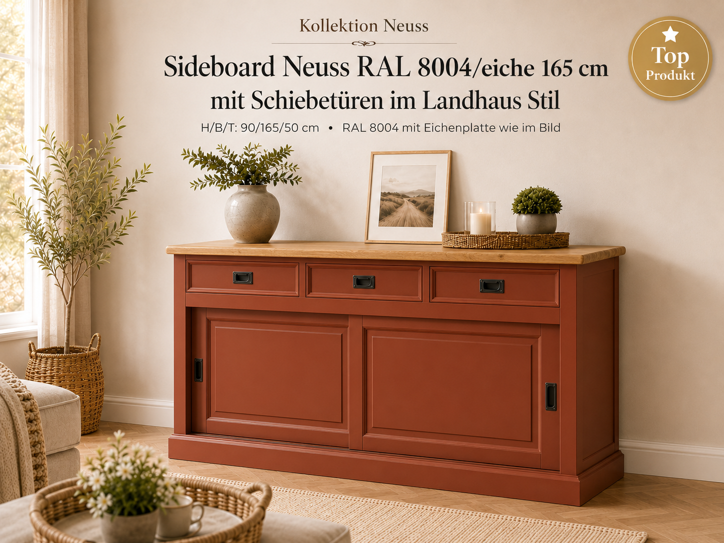 Sideboard Neuss 165 cm Kupferbraun/eiche - Anrichte Landhaus Kommode mit Schiebetüren