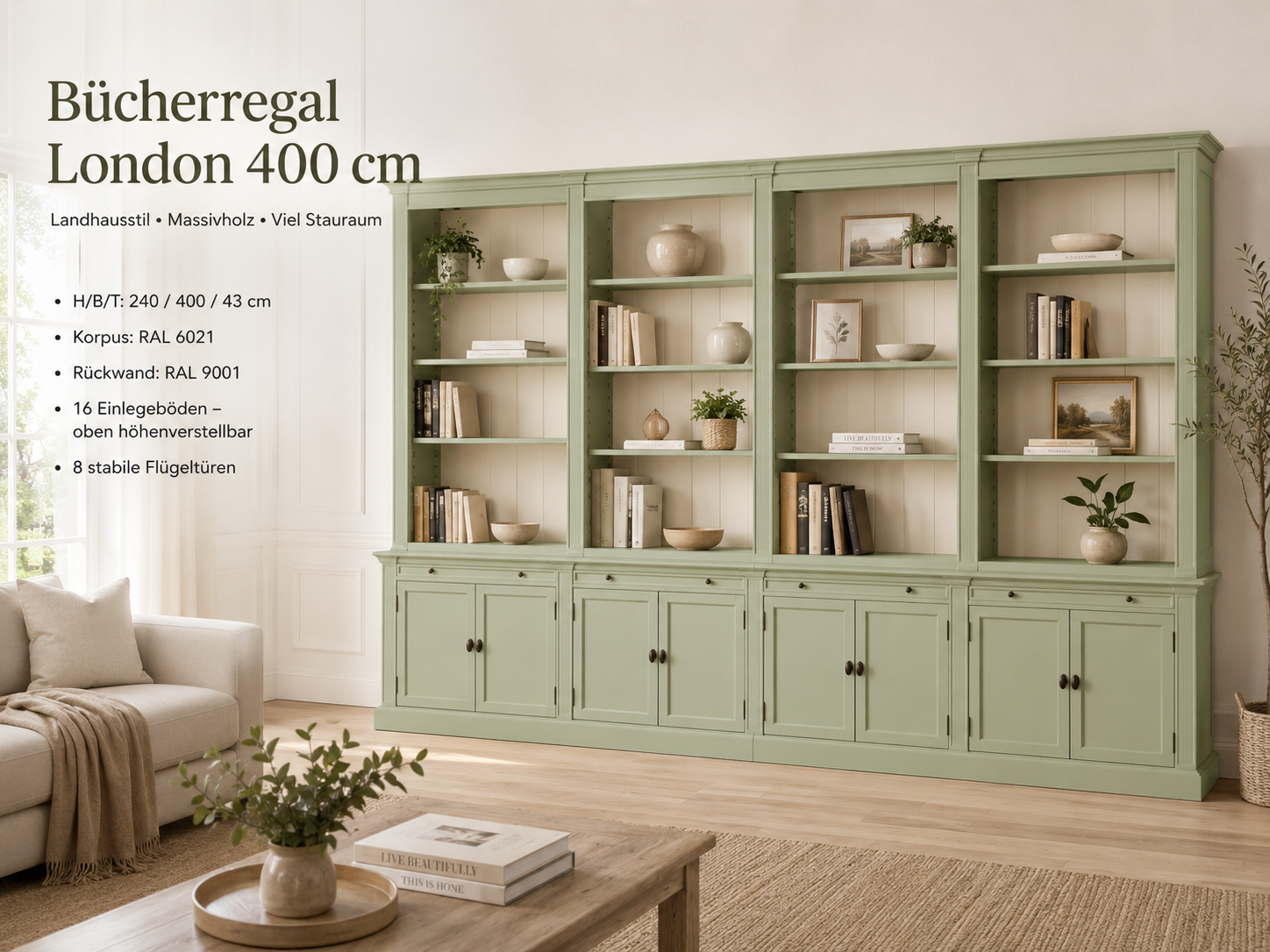 Bücherschrank London 400 cm - mehrteilig Bücherregal im Landhausstil  Blassgrün