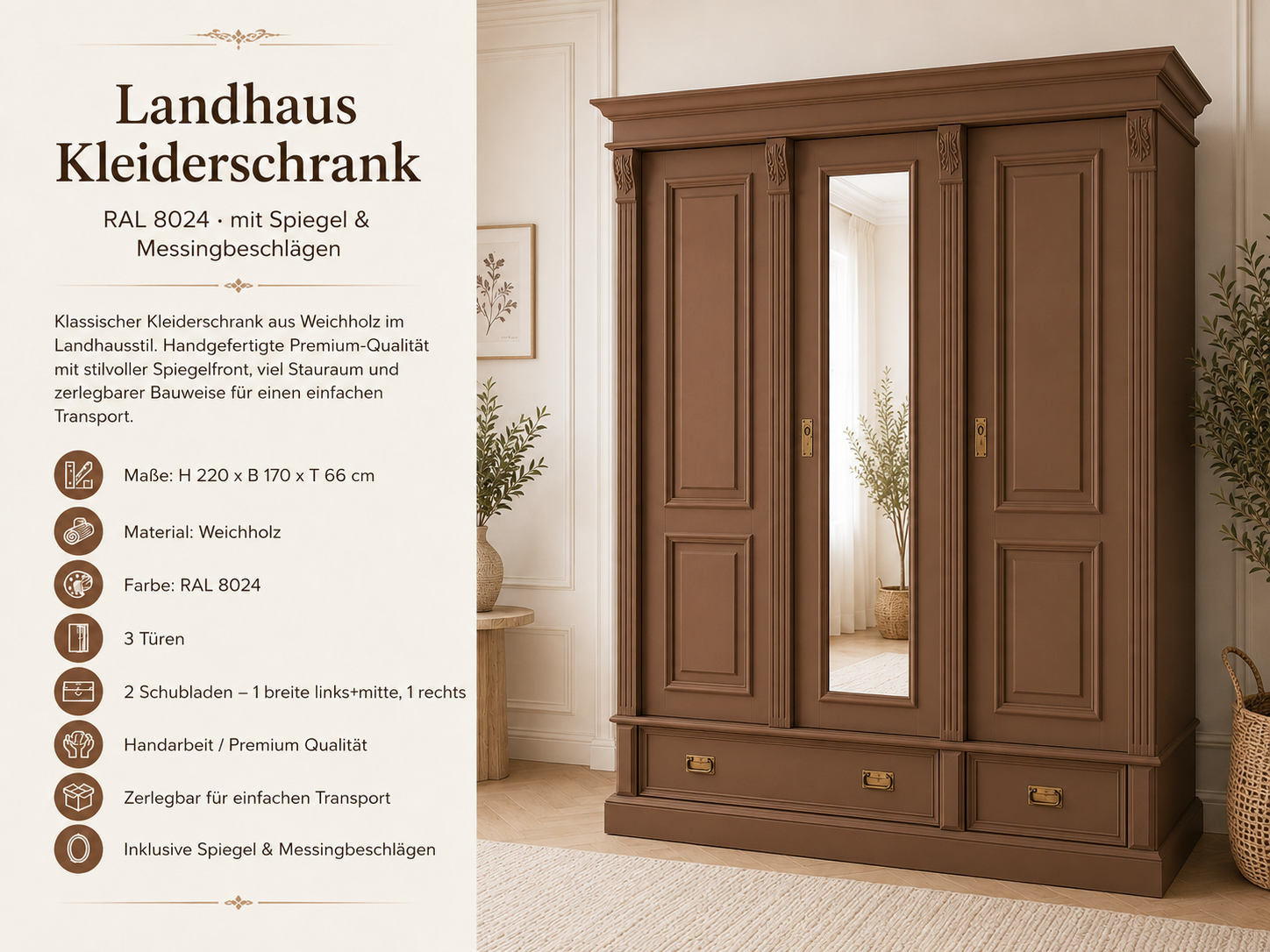 Premium 3-türiger Kleiderschrank beigebraun – Weichholz, Landhausstil, mit Spiegel & 3 Schubladen