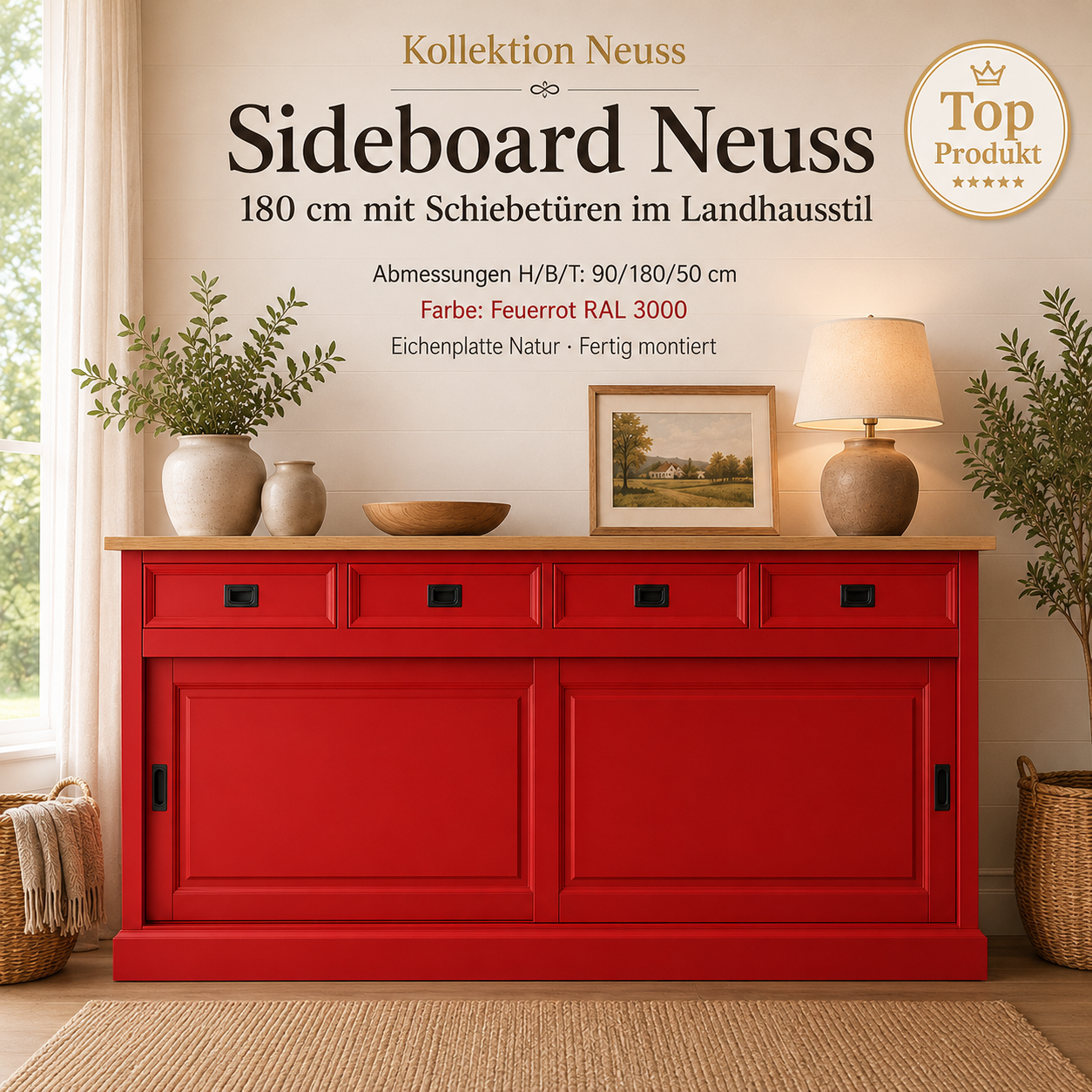 Sideboard Neuss feuerrot/eiche 180 cm mit Schiebetüren im Landhaus Stil