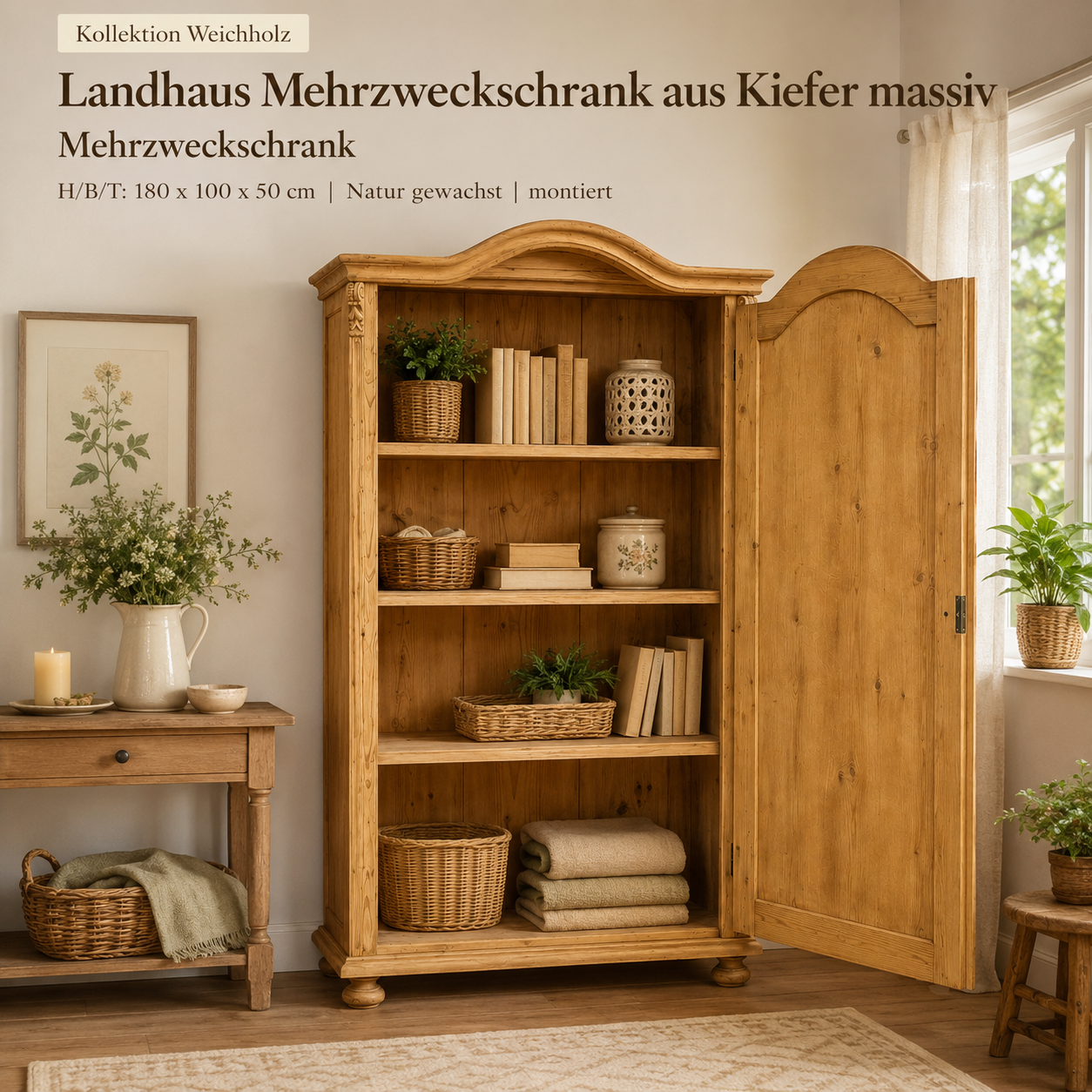 Landhaus Mehrzweckschrank aus Kiefer massiv – Natur gewachst – Massivholz Dielenschrank mit Einlegeböden